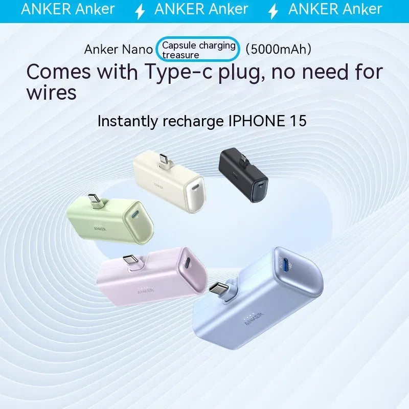 Compact capsule-shaped plastic power bank in five colours showing foldable charging head and Type-C port