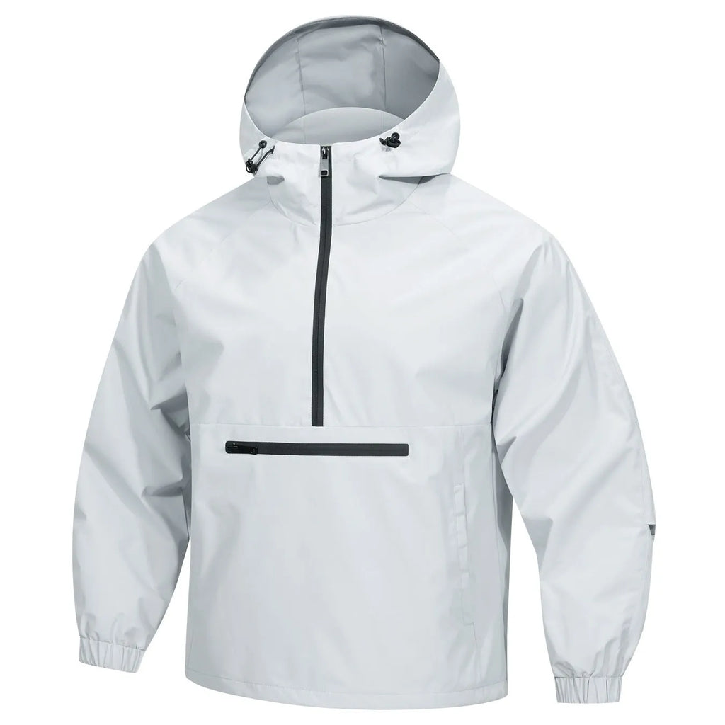 Men's light gray corduroy half-zip hooded sweater jacket showing Korean-style loose fit and rabbit fur composition