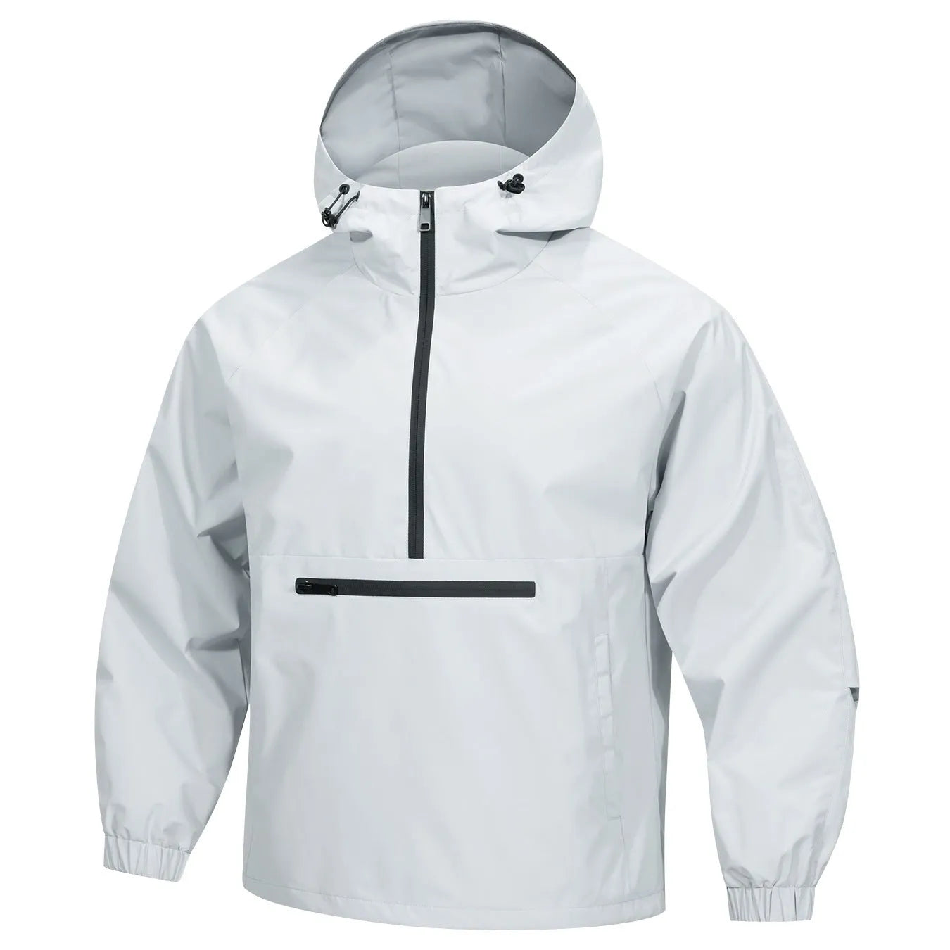 Men's light gray corduroy half-zip hooded sweater jacket showing Korean-style loose fit and rabbit fur composition