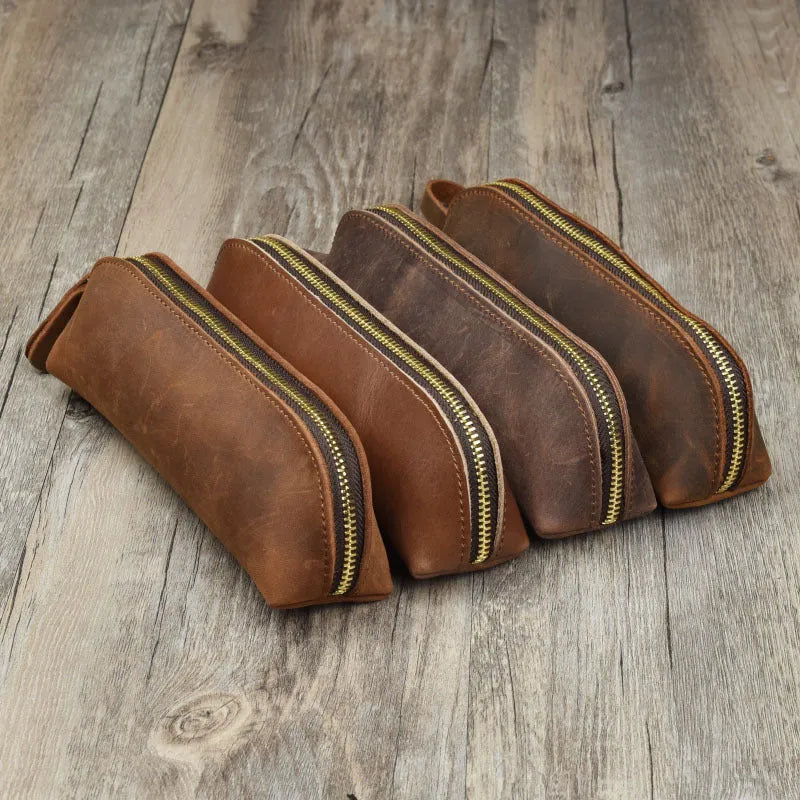 Handmade cowhide leather pencil case with zipper closure in square design