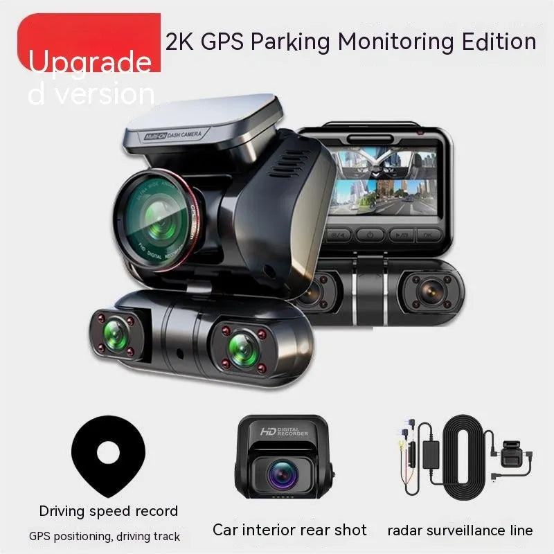Black four-lens car dashboard camera with a 2-inch screen and compact plastic housing.