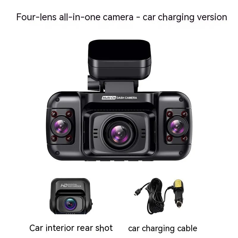 Black four-lens car dashboard camera with a 2-inch screen and compact plastic housing.