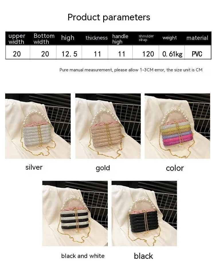 Soft round retro-style women's crossbody bag with bead details in gold colour.