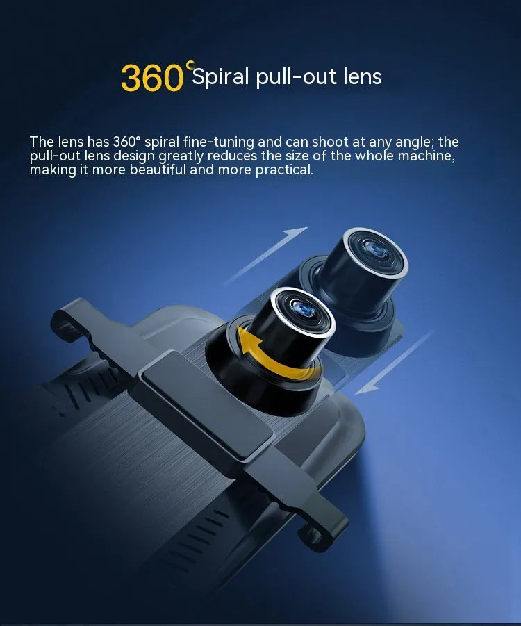 Black rearview mirror dash cam with 10-inch touchscreen display showing road recording