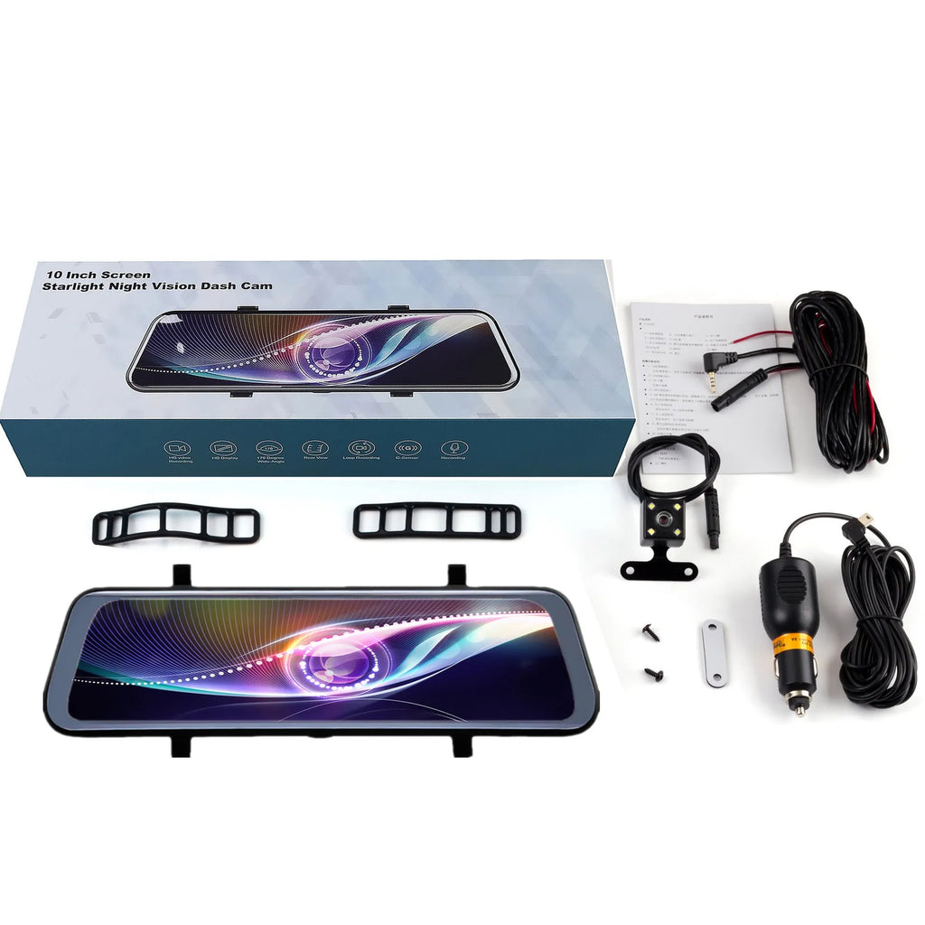 Black rearview mirror dash cam with 10-inch touchscreen display showing road recording