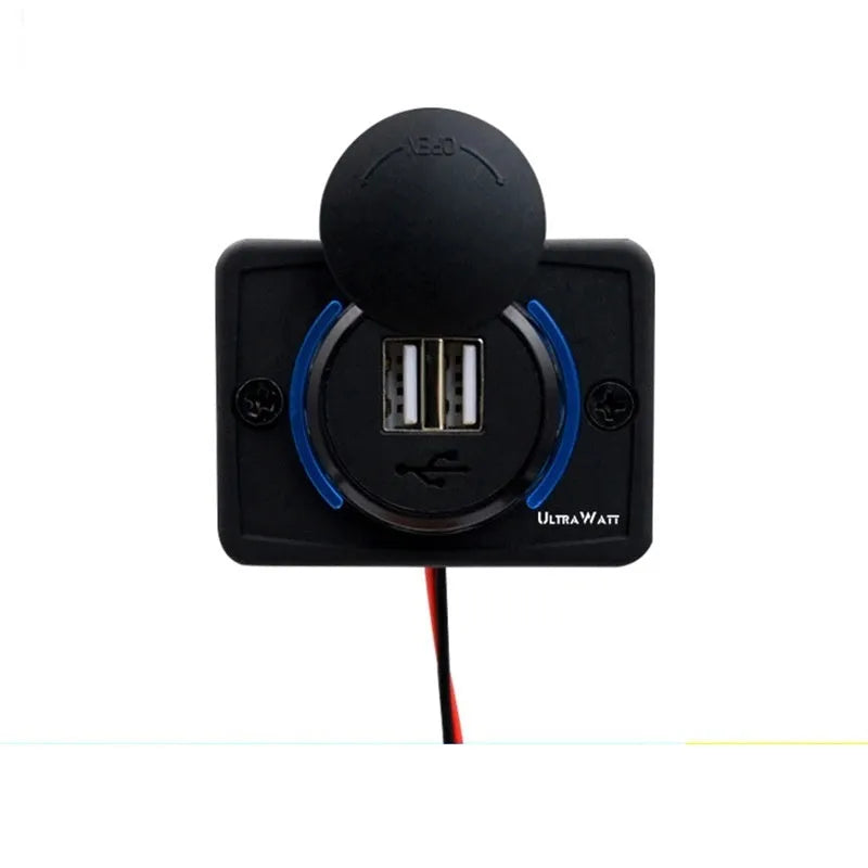 Black 12V USB car charger with 3.1A output and mounting screws for vehicle installation