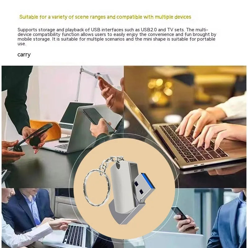 Small white metal USB flash drive with rotation design showing compact 34mm dimensions