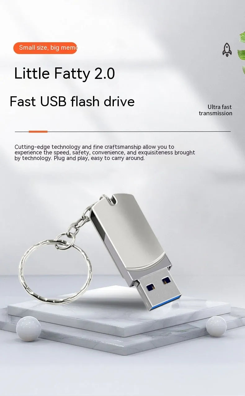 Small white metal USB flash drive with rotation design showing compact 34mm dimensions