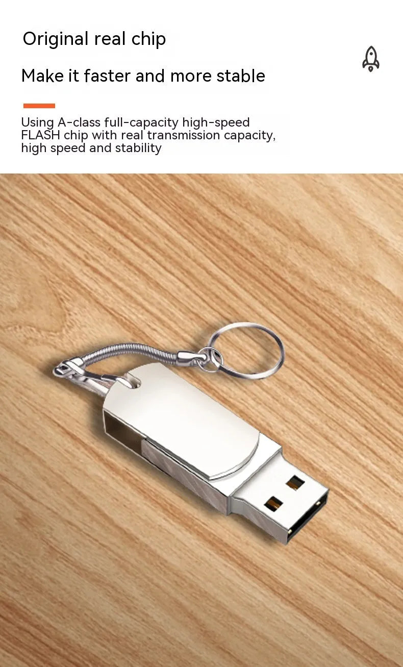 Small white metal USB flash drive with rotation design showing compact 34mm dimensions