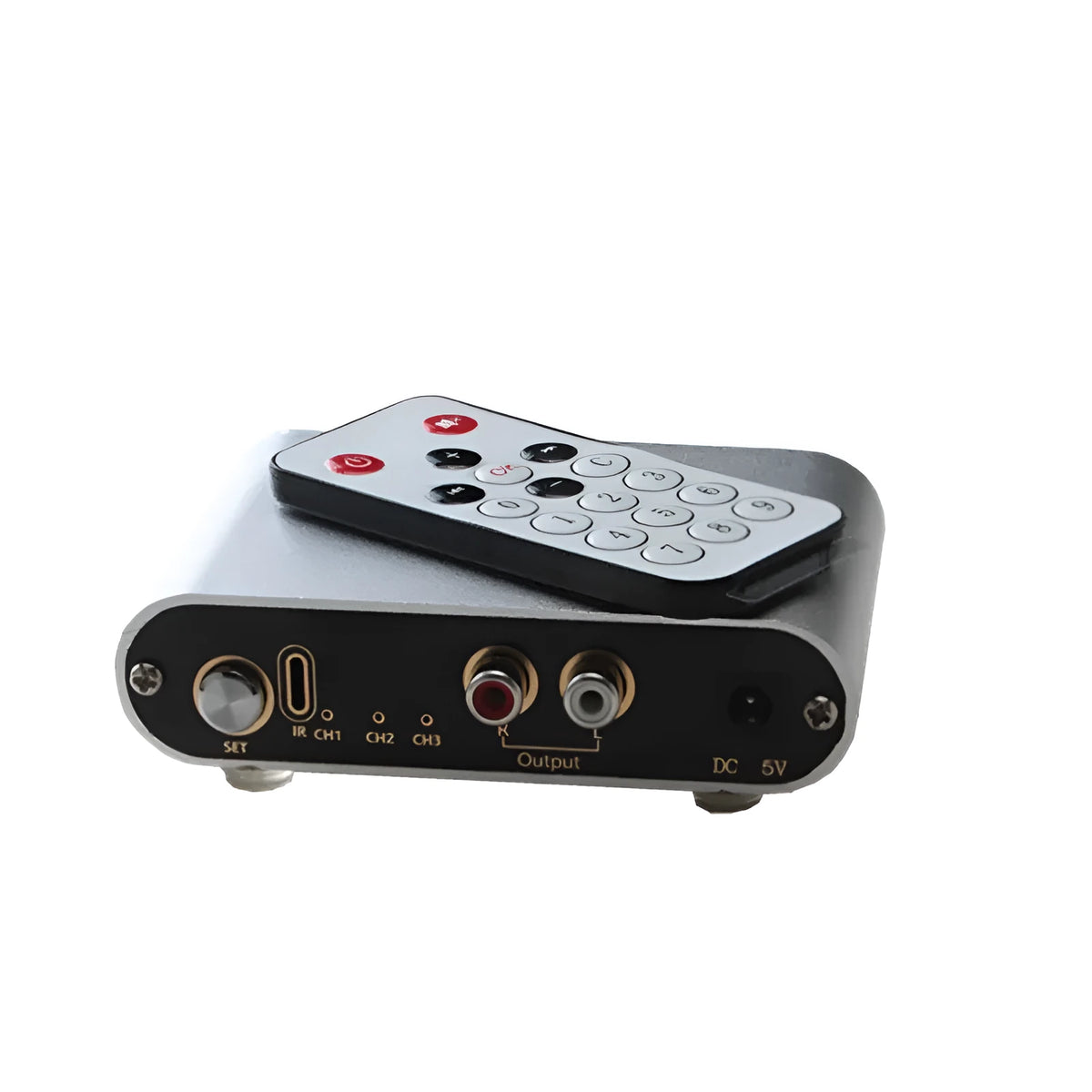 Silver aluminium audio source switch with remote control for multi-source system management