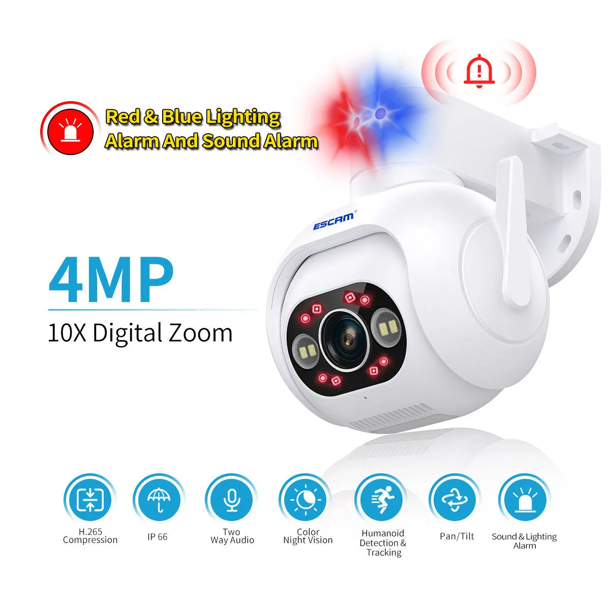 4MP smart colour night vision security camera with IP66 waterproof plastic housing measuring 123×140×145mm