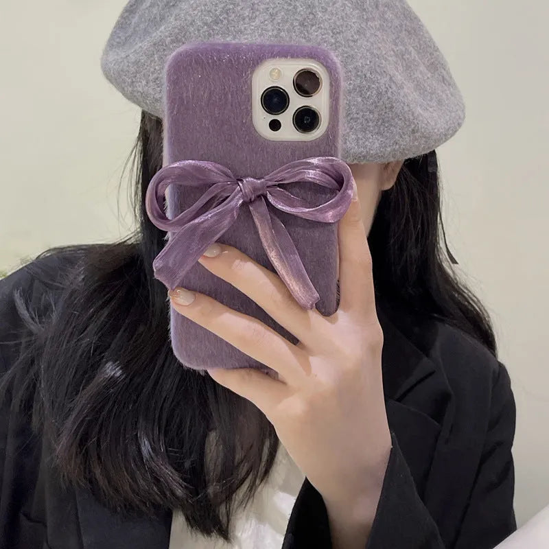 Purple Korean style silk bow plush phone case for iPhone, back cover with mink plush texture
