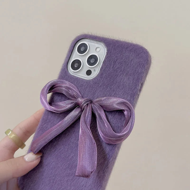 Purple Korean style silk bow plush phone case for iPhone, back cover with mink plush texture