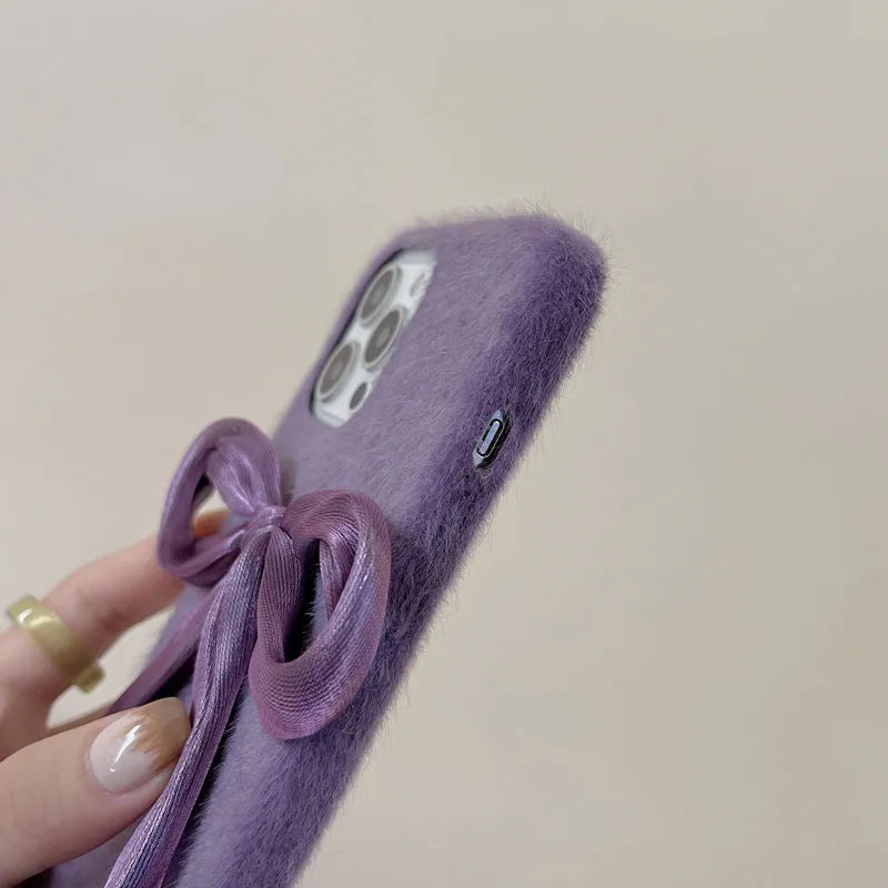 Purple Korean style silk bow plush phone case for iPhone, back cover with mink plush texture