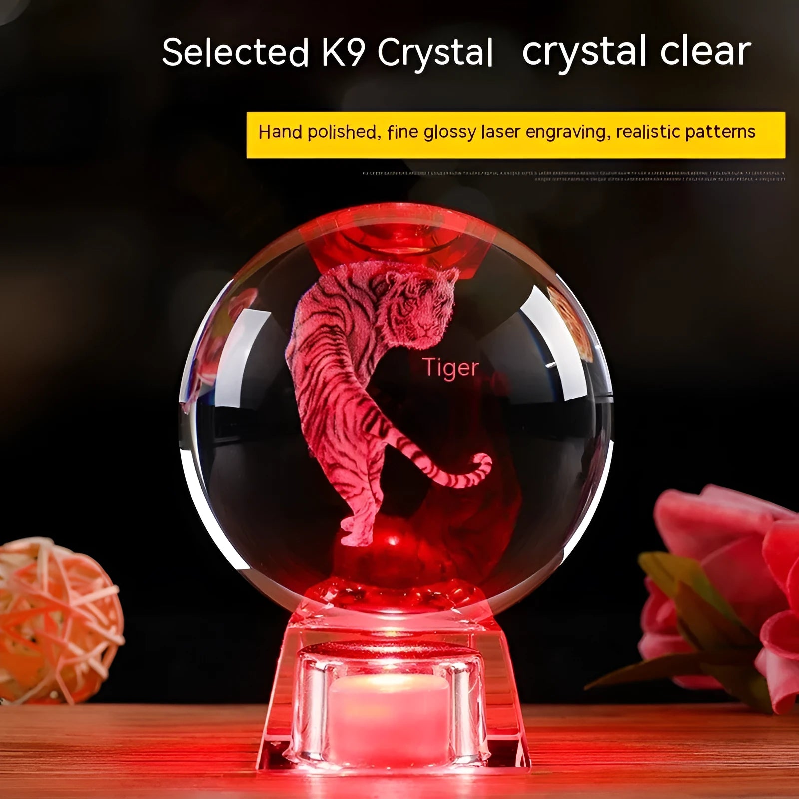 White crystal zodiac ornament with electronic luminous base showing Chinese animal design