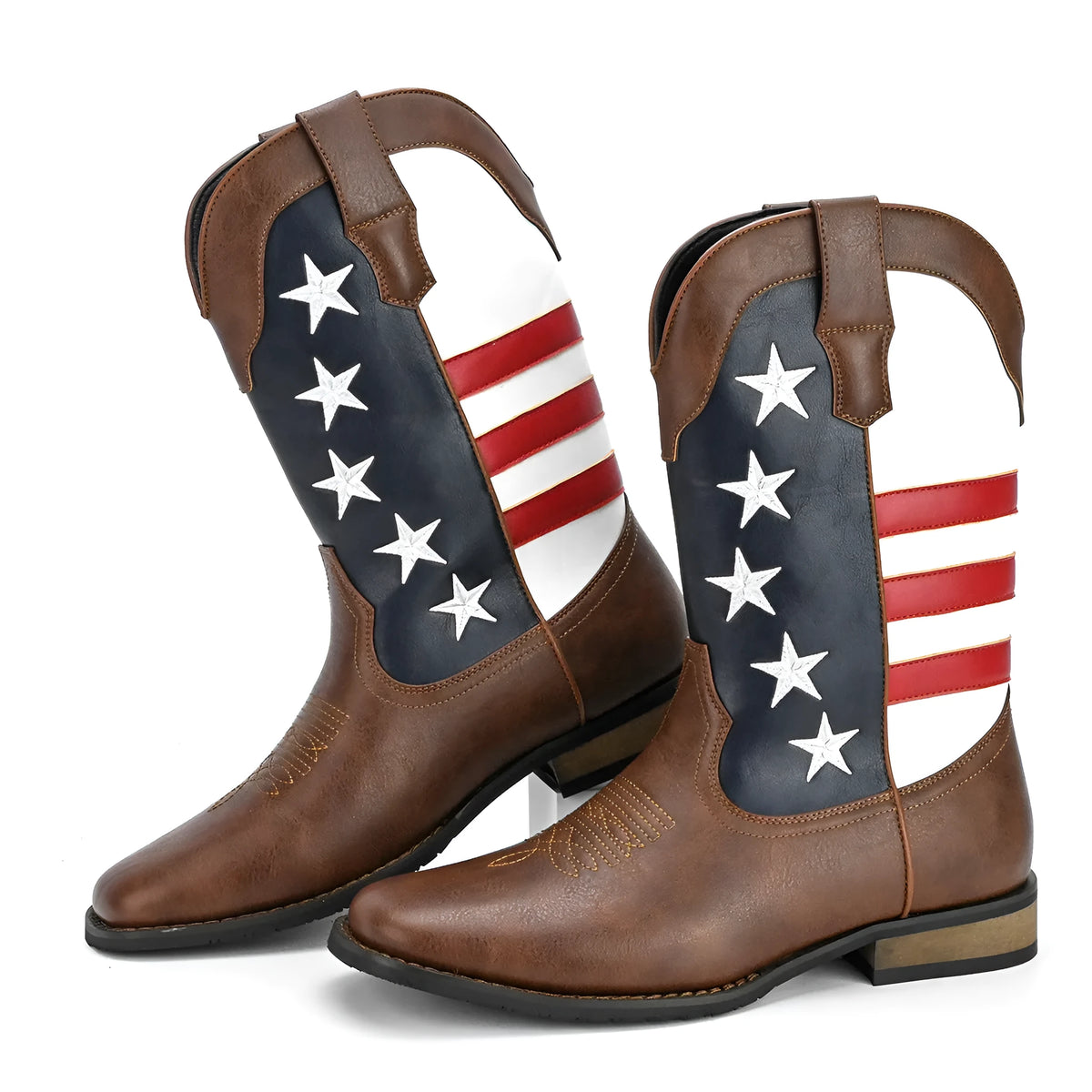 Men's black cowboy boot with five-pointed star suit design and square heel.
