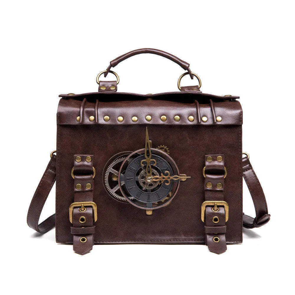 Bronze steampunk industrial retro shoulder bag with metal hardware on horizontal square pillow shape