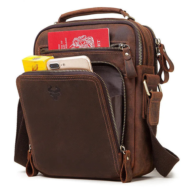 Men's brown Crazy Horse leather single-shoulder crossbody bag with visible sewing lines.