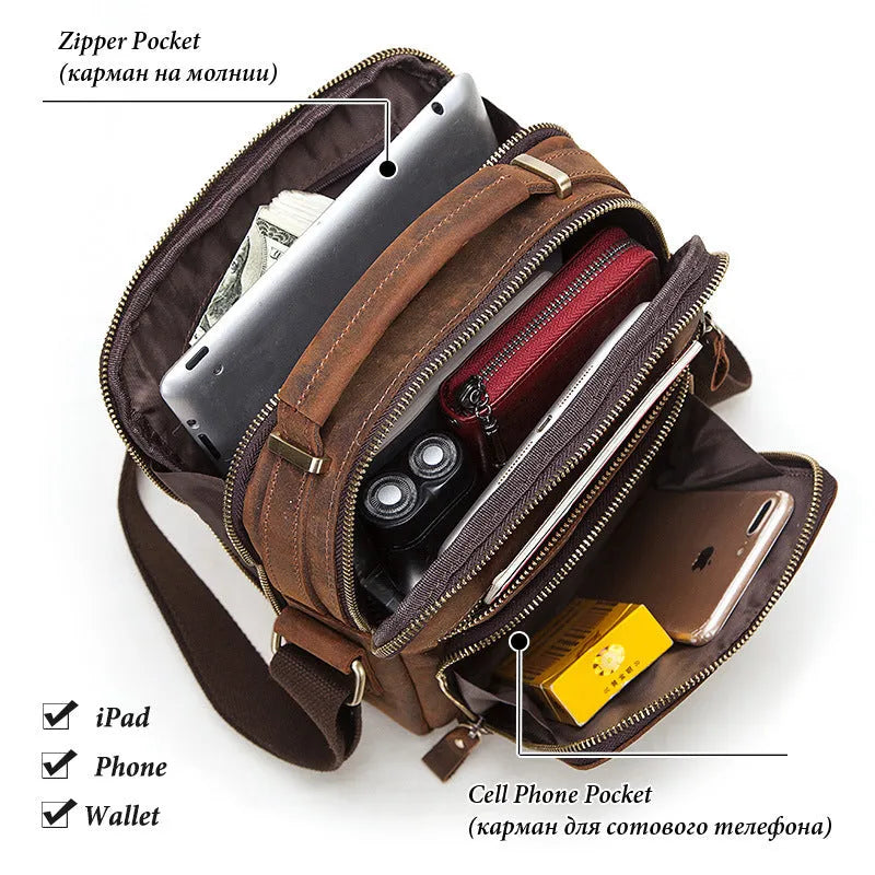 Men's brown Crazy Horse leather single-shoulder crossbody bag with visible sewing lines.
