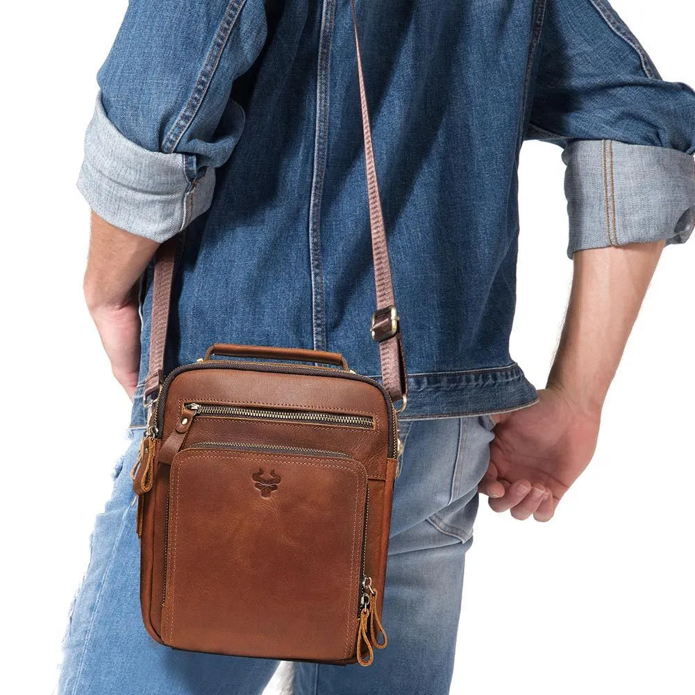 Men's brown Crazy Horse leather single-shoulder crossbody bag with visible sewing lines.