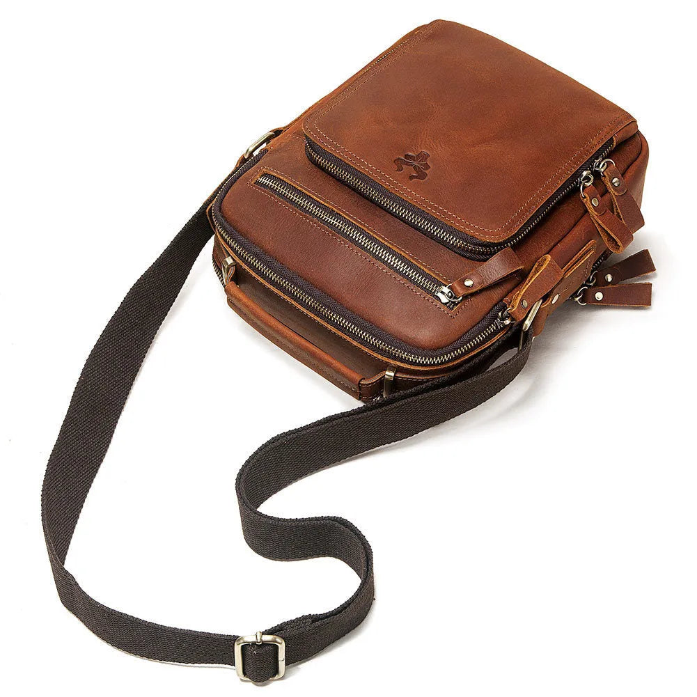 Men's brown Crazy Horse leather single-shoulder crossbody bag with visible sewing lines.