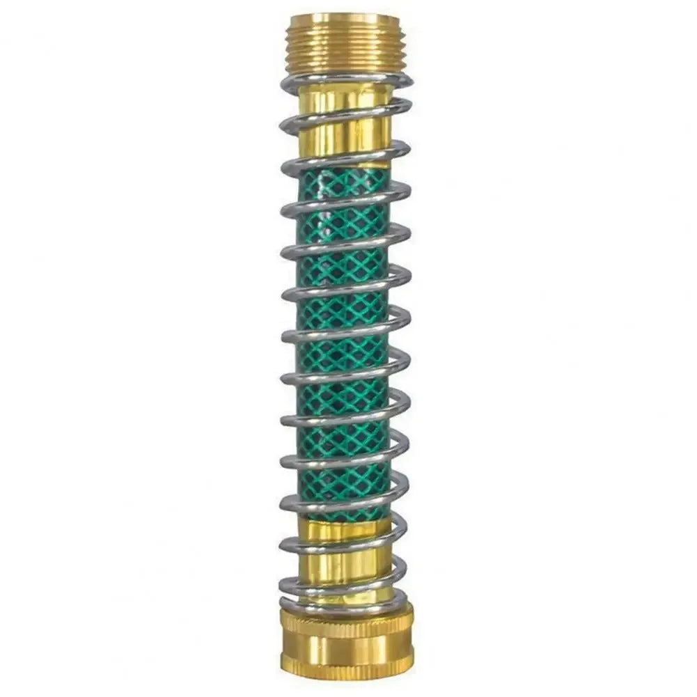 Brass garden hose spring connector with spiral anti-kink mechanism and threaded fittings