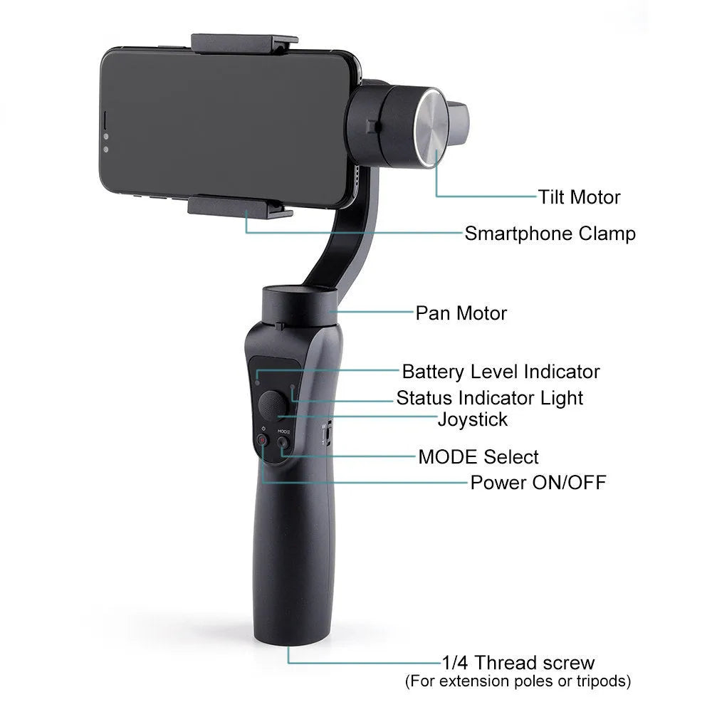 Black 3-axis mobile phone stabilizer gimbal for smartphones below 6.5 inches