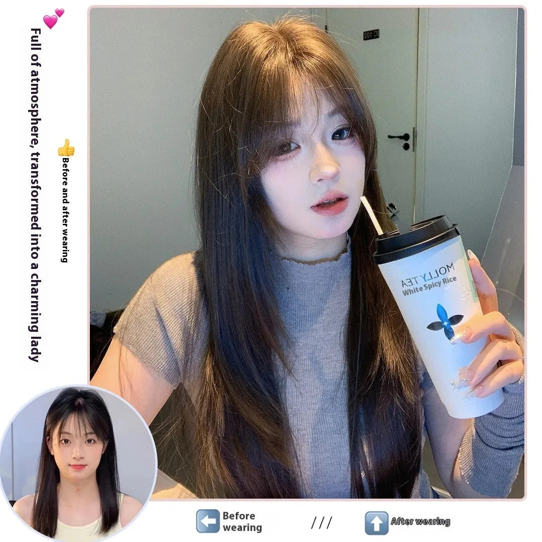Layered long straight cold brown synthetic full-head wig with lace-style hair net