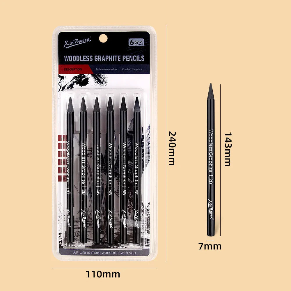 Set of six graphite sketching pencils in grades HB, 2B, 4B, 6B, 8B, and EE.