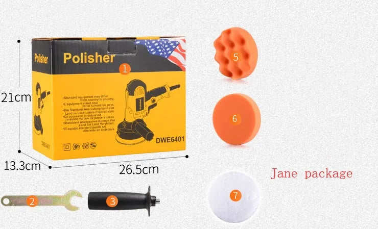 Yellow automobile polishing machine with 125mm disc and 1.6m power cord
