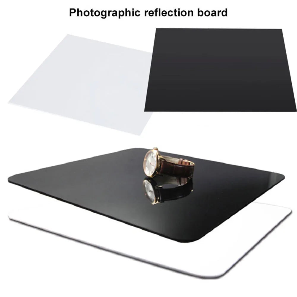 Black and white acrylic reflection boards in 20cm, 30cm, and 40cm square sizes for jewellery photography
