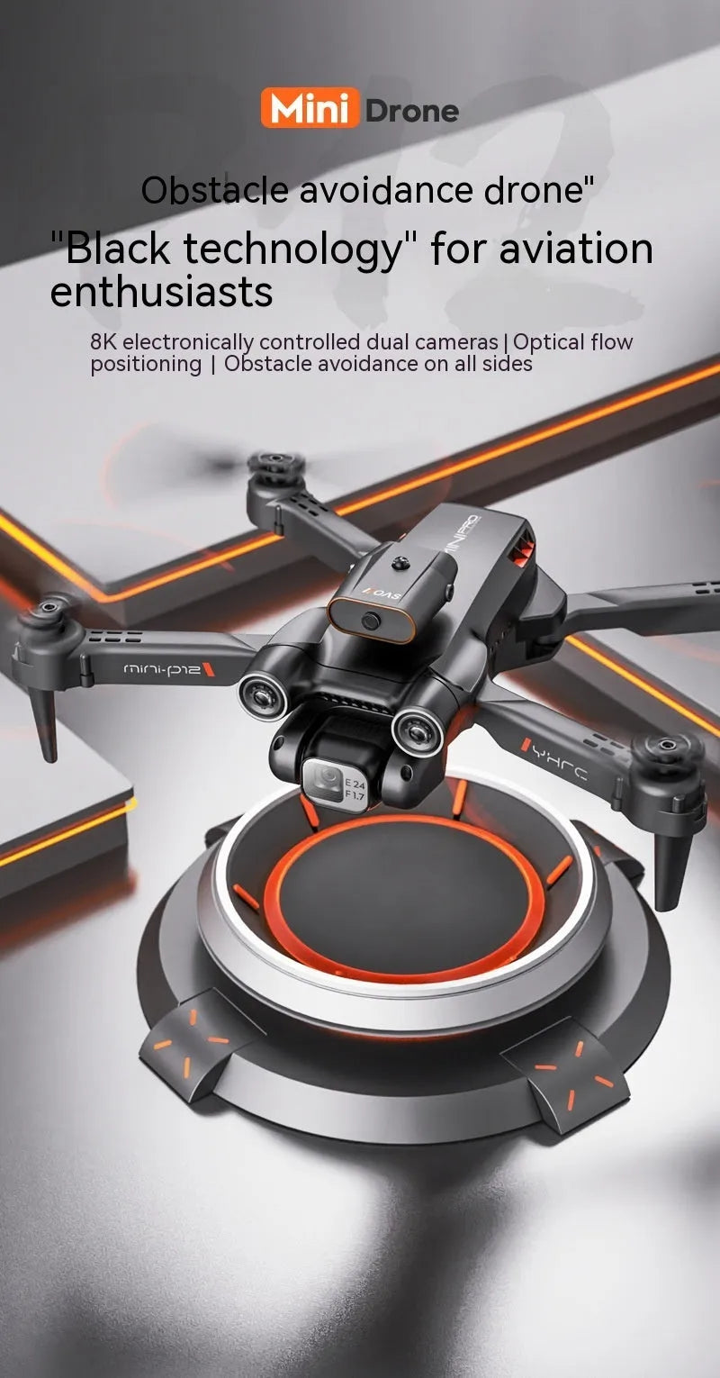 Black and orange remote-controlled quadcopter drone with camera mounted and folding arms
