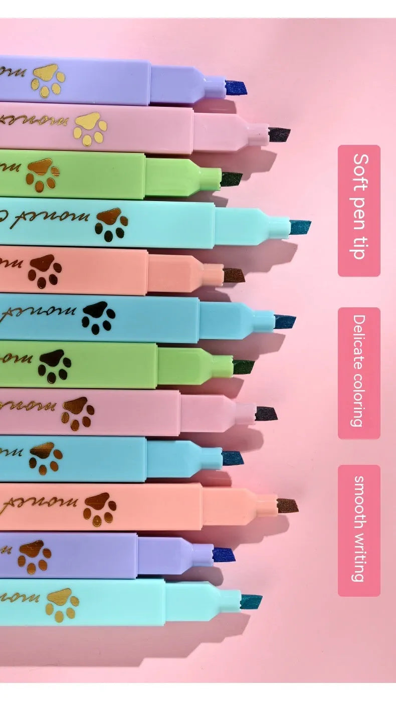 Cat's Paw set of six fluorescent marker pens with oblique nibs in a plastic storage case.