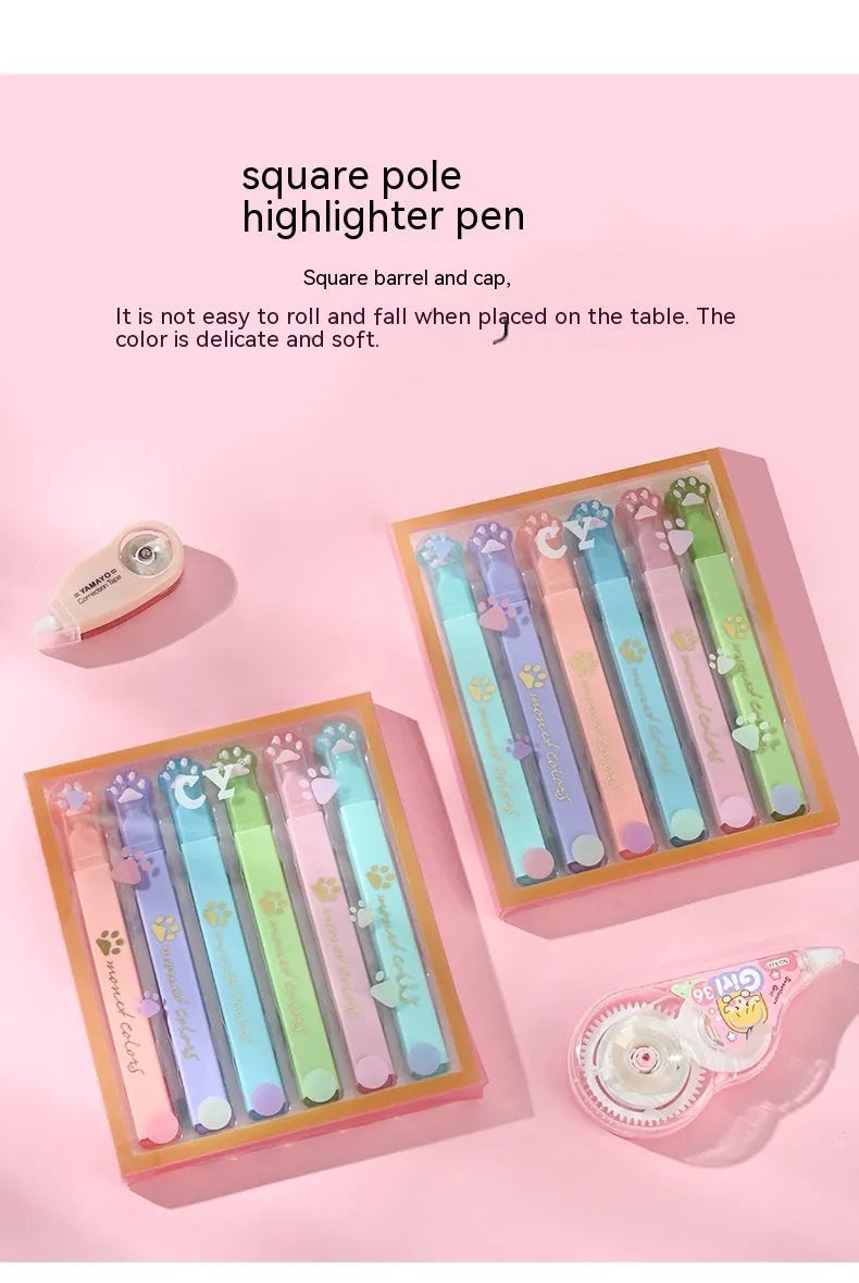 Cat's Paw set of six fluorescent marker pens with oblique nibs in a plastic storage case.