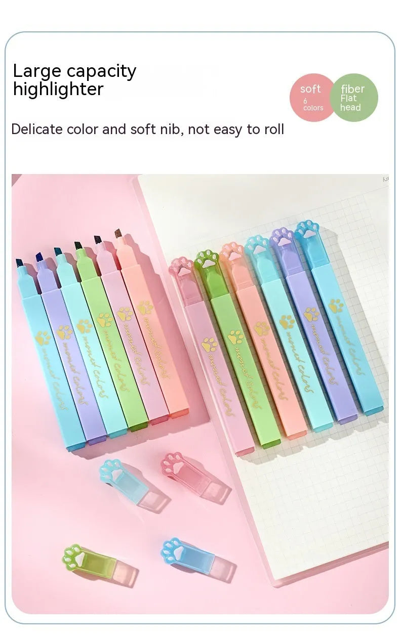 Cat's Paw set of six fluorescent marker pens with oblique nibs in a plastic storage case.