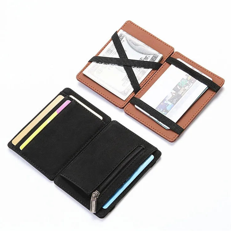PU leather magic wallet in solid colour showing flip card holder and zipper coin purse.