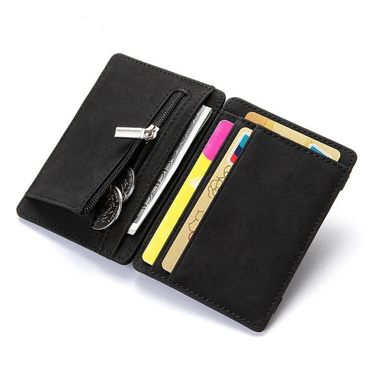 PU leather magic wallet in solid colour showing flip card holder and zipper coin purse.