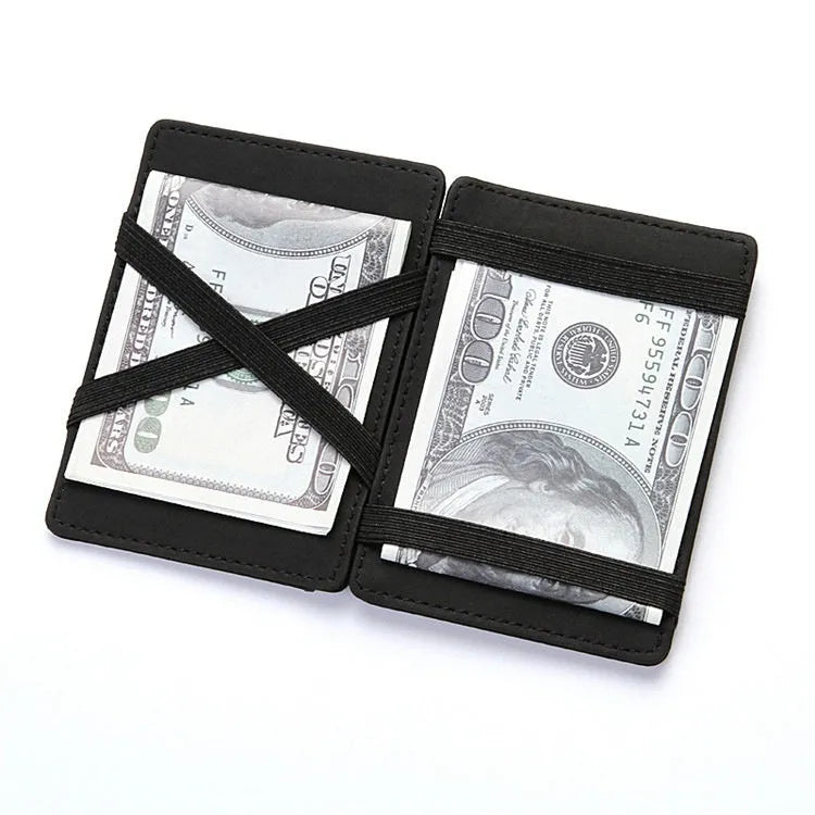 PU leather magic wallet in solid colour showing flip card holder and zipper coin purse.