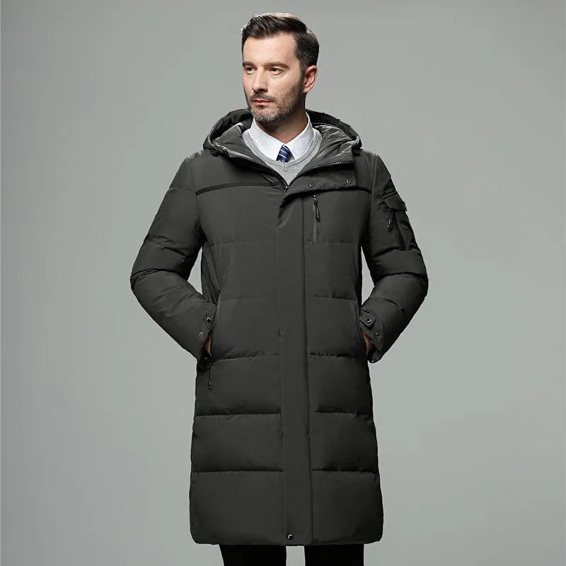 Long padded down jacket for men in black, grey, or green coffee, 100% polyester shell, white duck down filling, sizes M-5XL