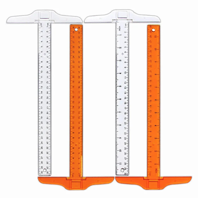 30cm T-shaped plastic ruler with UK or double centimetre scales in transparent or orange yellow colour