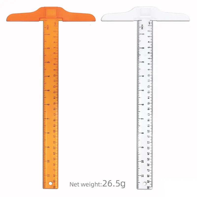 30cm T-shaped plastic ruler with UK or double centimetre scales in transparent or orange yellow colour
