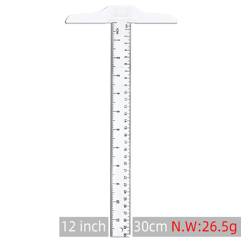 30cm T-shaped plastic ruler with UK or double centimetre scales in transparent or orange yellow colour
