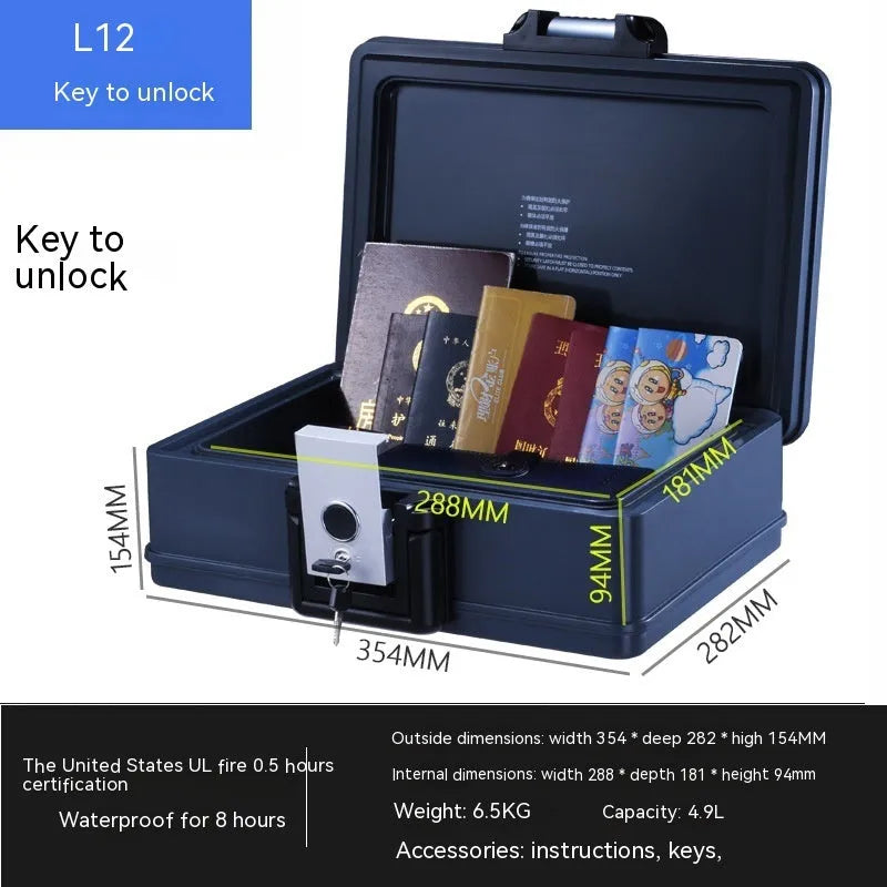 Small grey mechanical password safe with key lock for portable home office security