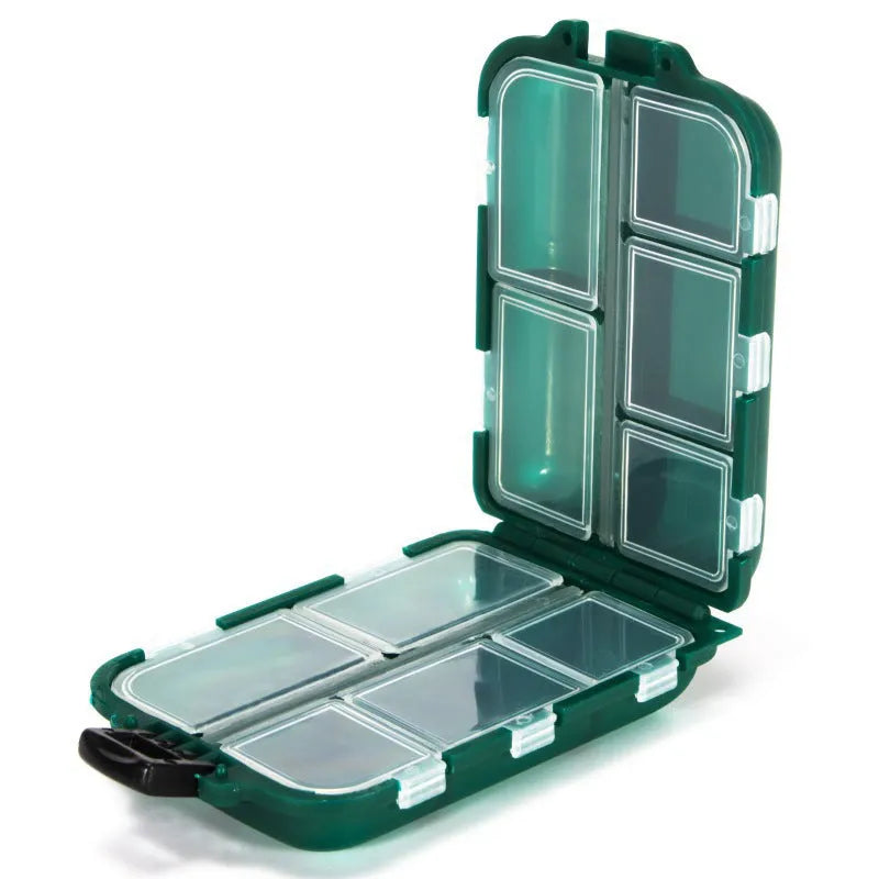 Plastic fishing accessories storage box with 10 compartments in black, green or blue colours