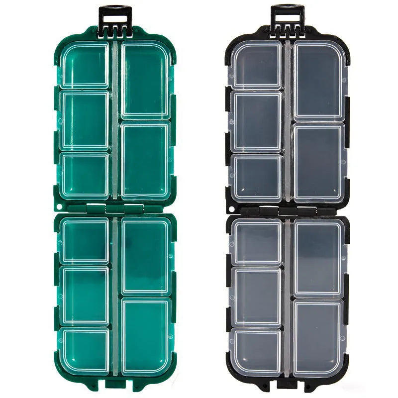 Plastic fishing accessories storage box with 10 compartments in black, green or blue colours