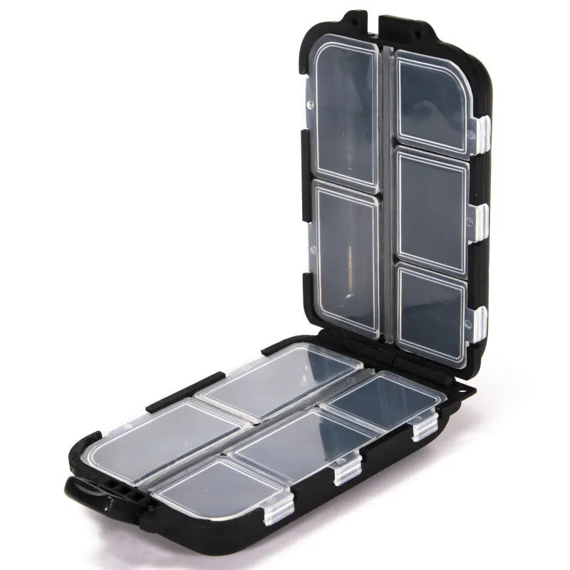 Plastic fishing accessories storage box with 10 compartments in black, green or blue colours