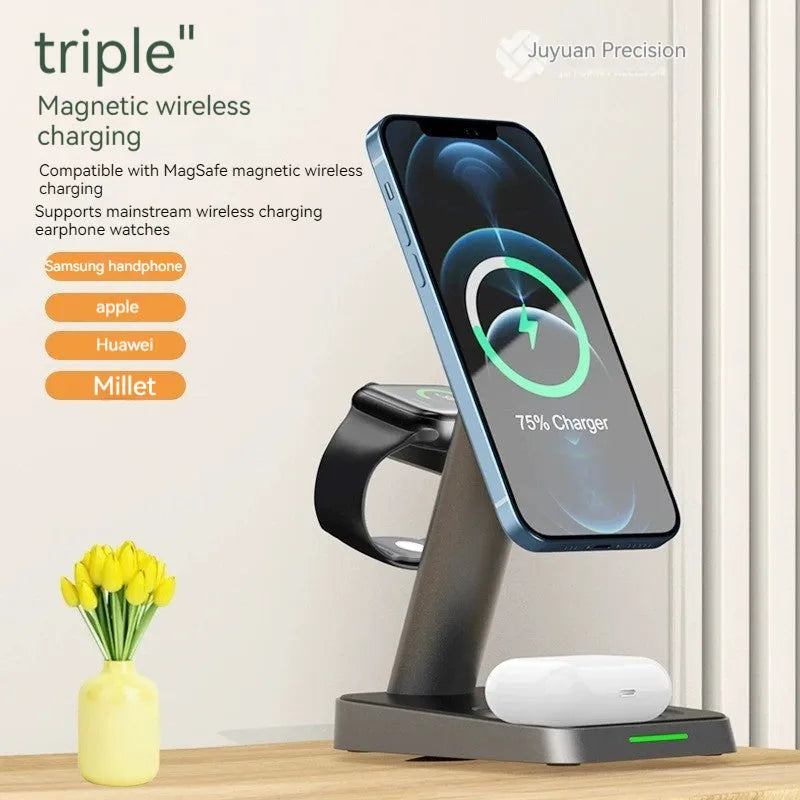 Black cube-shaped 3-in-1 vertical wireless charging stand and portable power bank on a desk.