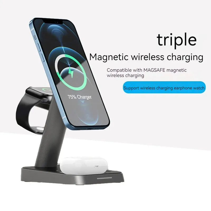 Black cube-shaped 3-in-1 vertical wireless charging stand and portable power bank on a desk.