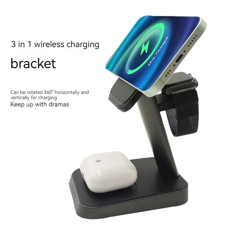Black cube-shaped 3-in-1 vertical wireless charging stand and portable power bank on a desk.