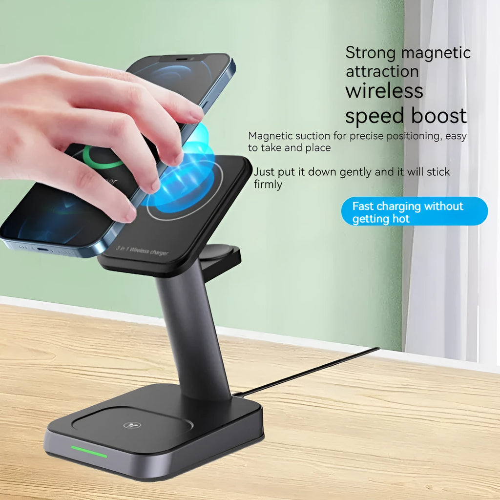Black cube-shaped 3-in-1 vertical wireless charging stand and portable power bank on a desk.
